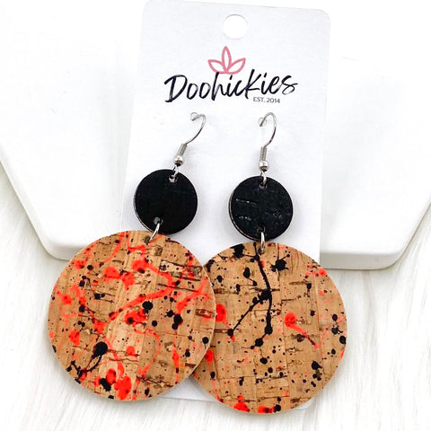 2.5" Black & Natural Paint Splatter Piggyback Corkies -Earrings