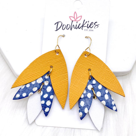 2.5" Mustard Saffiano/Navy Dots/White Chopper - Leather Earrings
