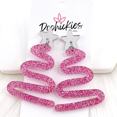 2.5" Pink Glitter Curvy Tree Dangles - Christmas Acrylic Earrings