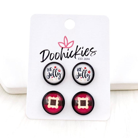 12mm Be Jolly & Santa’s Belt in Black Settings - Christmas Earrings