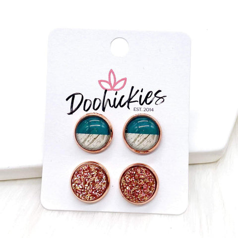 12mm Teal Color Block & Rose Glitter in Rose Gold