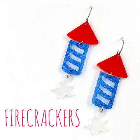 2.5" Cut Out Acrylic Firecracker - Patriotic Earrings
