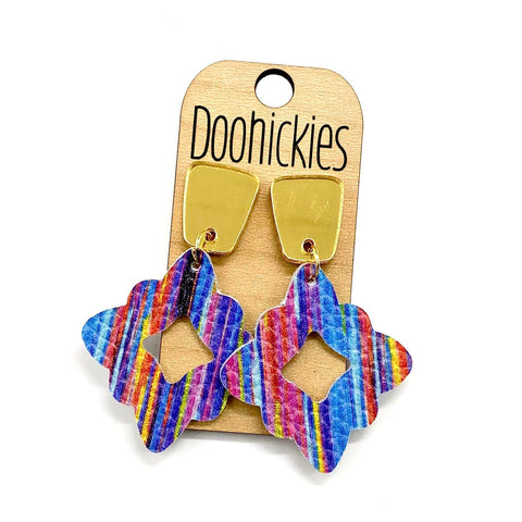 2.25" Gold Long Trapezoid and Bright Rain Leather Lacies - Dangle Leather Earrings