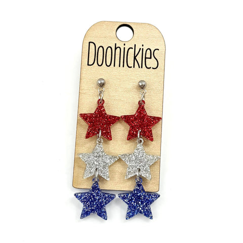 Red/White/Blue Glitter Stars Dangles - Patriotic Acrylics Earrings