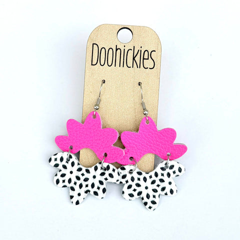 2.5" Hot Pink & Blk/White Abstract Blossoms - Leather Dangle Earrings