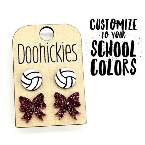 Volleyball and Customizable Bow Acrylic Duo Studs - Sports Earrings