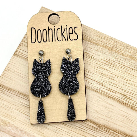 Black Cat Dangle Tail Kitty - Halloween Earrings
