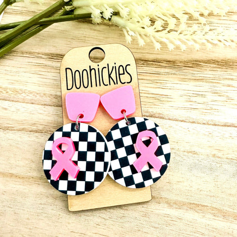 Pink Out Checkered Lil' Piggyback Earrings - Breast Cancer Awareness Earrings