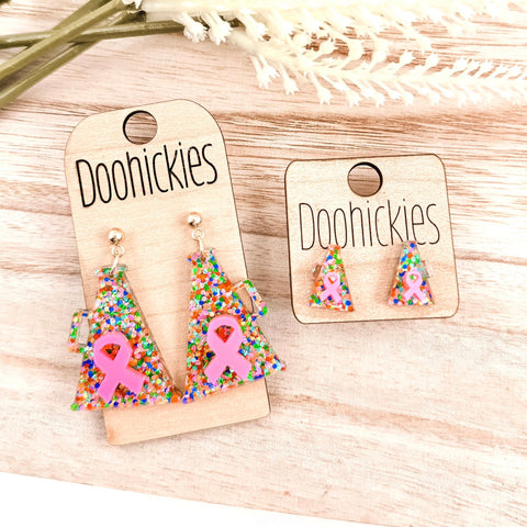 Pink Out Daisy Glitter Ribbon Megaphone Earring Collection - Breast Cancer Awareness Earrings