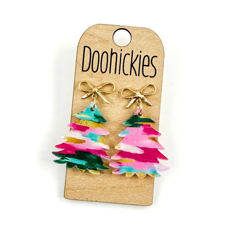 Bright Strokes Festive Tree w/ Gold Bow Earrings - Christmas Acrylic Earrings