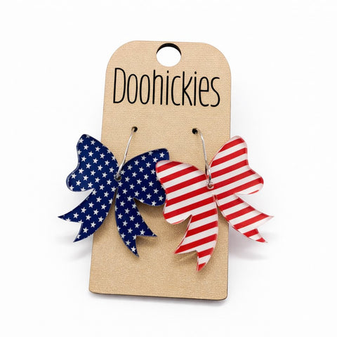 SMALLER Stars and Stripes Acrylic Bow Earrings - Patriotic Earrings