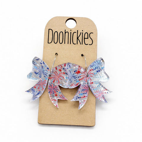 SMALLER Mirror Firecracker Acrylic Bow Earrings - Patriotic Earrings