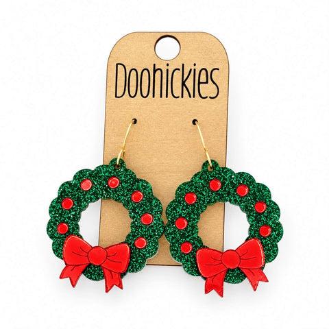 Merry and Bright Wreath Dangles - Acrylic Christmas Earrings