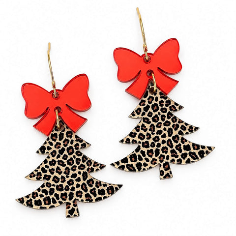 Tied Up in Leopard Christmas Tree Dangles - Acrylic Earrings