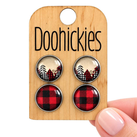 Country Christmas & Snowflake Red Buffalo Plaid in Stainless Steel Settings - Christmas Stud Earrings