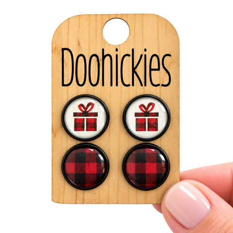 Red Buffalo Plaid Presents & Buffalo Plaid in Black Settings - Christmas Stud Earrings