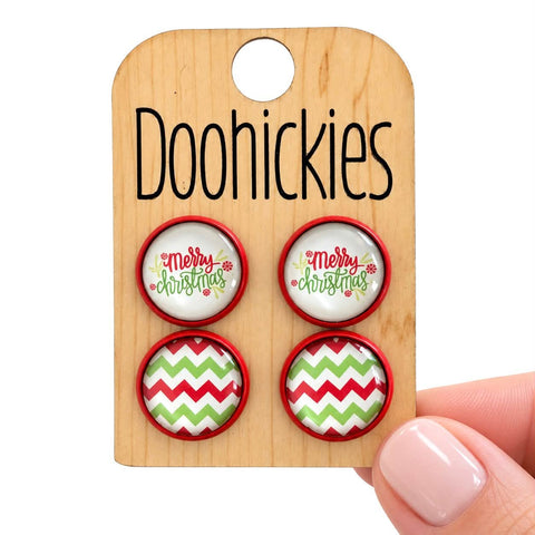 Merry Christmas & Christmas Zig Zag in Red Settings - Christmas Stud Earrings
