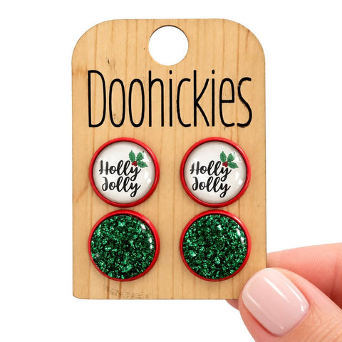 Holly Jolly & Green Glitter in Red Settings - Christmas Stud Earrings