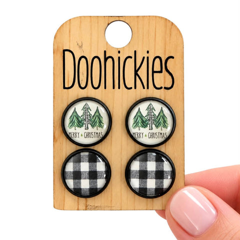 Green Merry Christmas Trees & White Buffalo Plaid in Black Settings - Christmas Studs Earrings