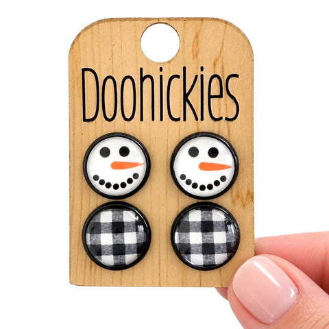 Snowman Face & White Buffalo Plaid in Black Settings - Christmas Stud Earrings