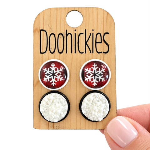 Buffalo Plaid Snowflakes & White in Black Settings - Christmas Stud Earrings