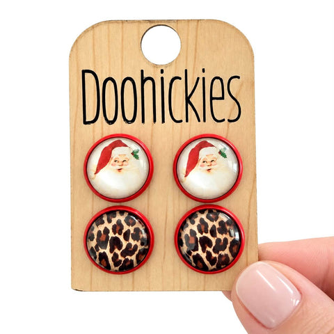 Traditional Santa & Leopard in Red Settings - Christmas Stud Earrings