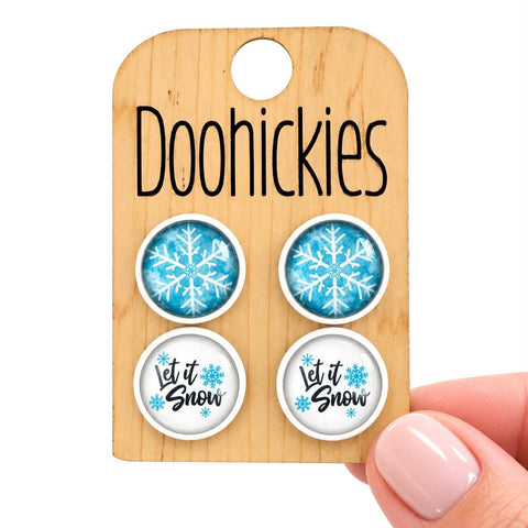 Let It Snow & Snowflakes in White Settings - Christmas Studs