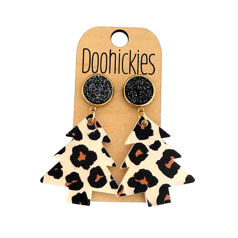 Country Leopard Acrylic Tree Dangles - Acrylic Christmas Earrings