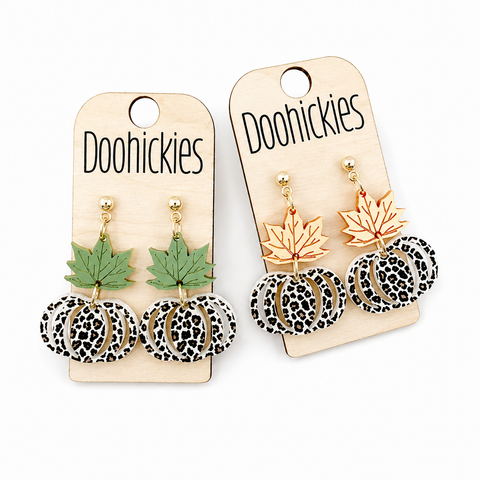 Fall Double Leaf and Leopard Pumpkin Dangle Acrylic Earrings