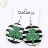 2" Green Glitter 3-D Shamrocks on Solid Lines Circles -Earrings