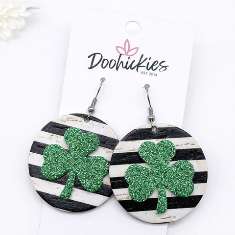 2" Green Glitter 3-D Shamrocks on Solid Lines Circles -Earrings