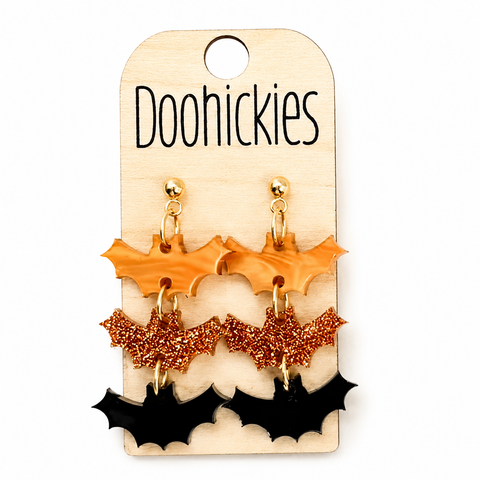 Orange and Black Triple Bat Dangles - Halloween Acrylic Earrings
