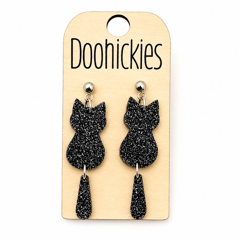 Black Cat Dangle Tail Kitty - Halloween Earrings