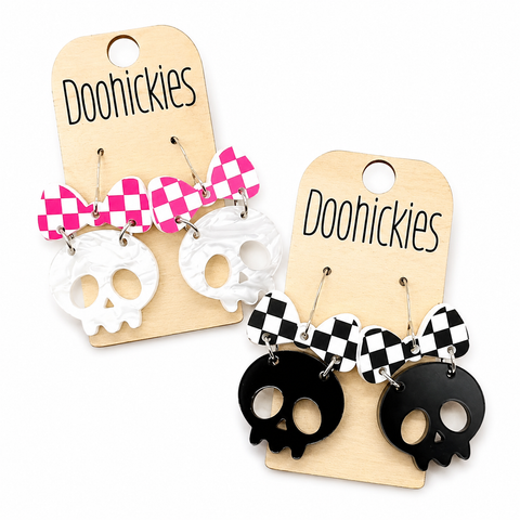 Checkered Bow Skull Dangle Collection - Halloween Earrings