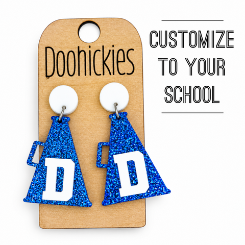 Spirit Shout Dangles | Custom Varsity Letter Spirit Megaphone Earrings | Leave Comment with Initial