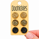 12mm Gold Glitter, Golden Leopard and Black Glitter Stud Triplets - Acrylic Earrings
