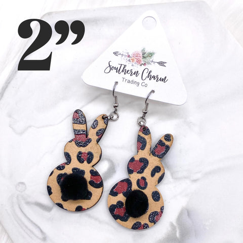 Wooden Leopard Bunny Tail Dangles - Easter Earrings