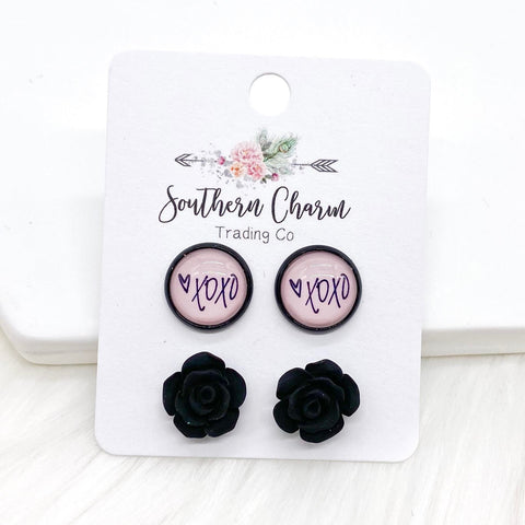 12mm XOXO & Black Roses in Black Settings -Earrings