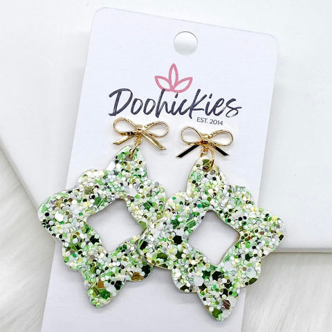 2" Bow & Spearmint Green Glitter Lacies - St. Patrick's Day Earrings