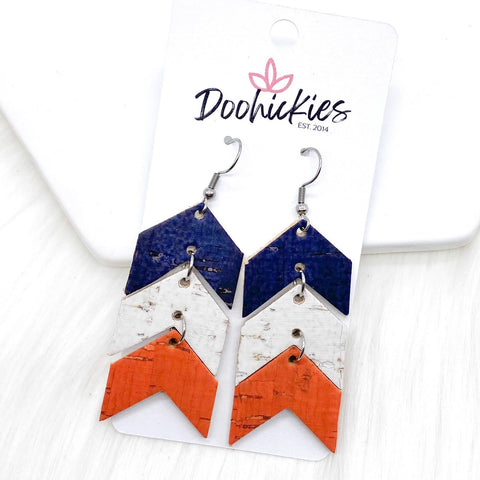 2.5" Navy/White/Bright Coral Linen Mini Arrow Corkies -Summer Earrings