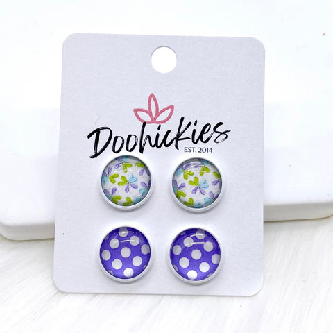 12mm Purple/Pear Green Flowers & Purple Polka Dots in White Settings Stud Earrings