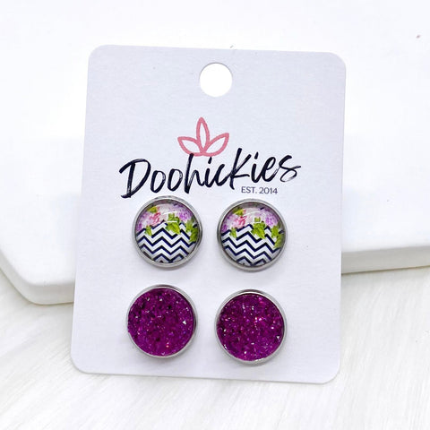12mm Fuschia Floral/ZigZag & Fuschia Sparkles in Stainless Steel Settings -Earrings