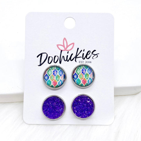 12mm Pastel Abstract & Deep Purple Sparkles in Stainless Steel Settings -Earrings