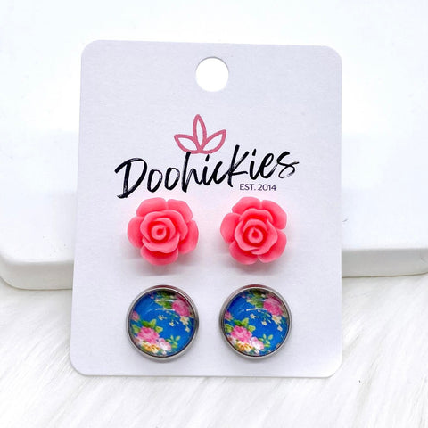 12mm Hot Pink Roses & Roses on Sky Blue in Stainless Steel Settings Stud Earrings