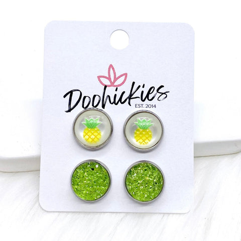 12mm Pineapples & Pear Green Sparkles in Stainless Steel Settings -Earrings