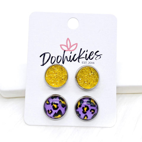 12mm Neon Leopard Duos in Stainless Steel Settings -Summer Earrings