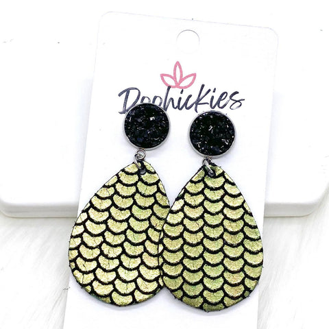 2" Black & Green Mermaid Scales Dangle -Earrings