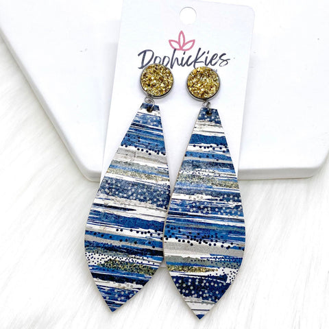 3" Gold & Gold/Navy Striped Long Dangle Corkies -Earrings