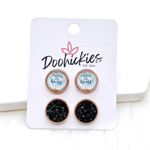 12mm Explore The World & Black in Rose Gold Settings -Earrings