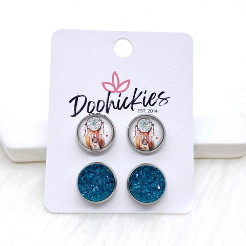 12mm Dream Catchers & Teal Sparkles in Stainless Steel Settings -Earrings